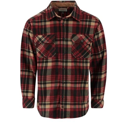 Legendary Whitetails Mens Long Sleeve Fleece Button Up Shirt, Red Cabin Wood Plaid, LT