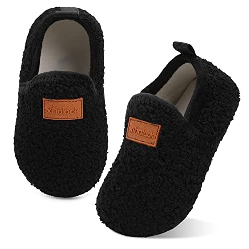 XIHALOOK Toddler Boys Girls Soft House Slippers Black, 6.5-7.5 Toddler