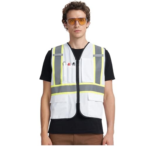 AK A-KSAFETY White Safety Vest with Pockets, Zipper Front, XXL