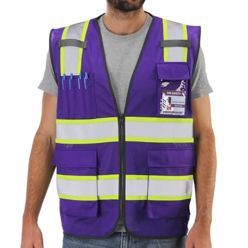 Dib Safety Reflective Mesh Vest High Visibility Two Tone with Pockets and Zipper, Purple Mesh with Yellow Trim 4XL