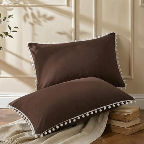 Dark Brown Pom Poms Pillowcases, Standard Queen Size Pillow Cases Set of 2, 100% Washed Microfiber,Chocolate Ball Fringe Pillow Cover, 2 Pack