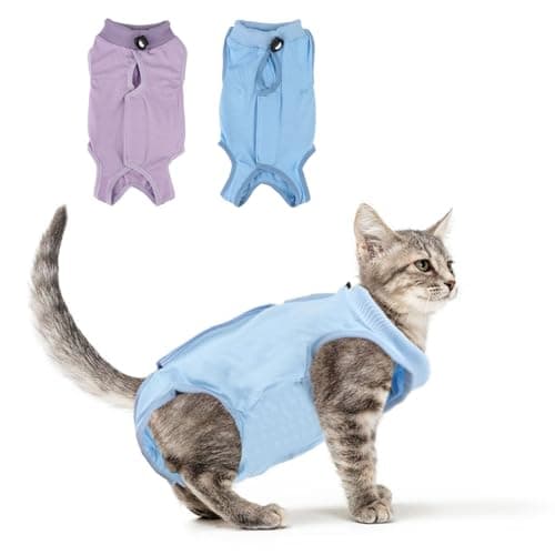 2PCS Cat Recovery Suit - Breathable Cat Surgical Recovery Suit, Onesie for Cats After Surgery Recovery, Alternative Cone of Shame Abdominal Wound Skin Wear Protection (Light Blue+Light Purple, S)
