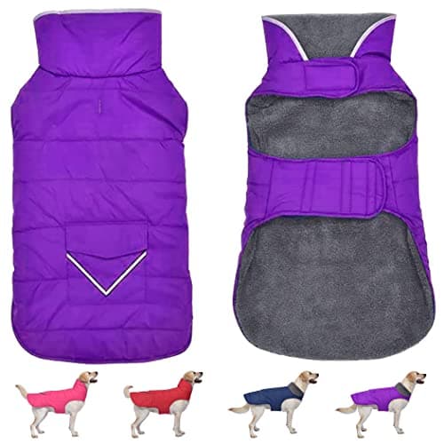 Petglad Dog Coat, Waterproof Dog Winter Jacket with Pocket, Reflective Adjustable Pet Snow Vest, Warm Cozy Fleece Sweater for Small Medium Extra Large Dogs - Purple, 3XL