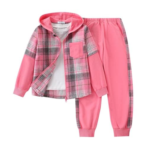 EDFTM Little Girls Outfits Sets Plaid Flannel Long Sleeve Hoodie and Sweatpants Girl 2 Pcs Clothes for Fall Winter, School, Pink