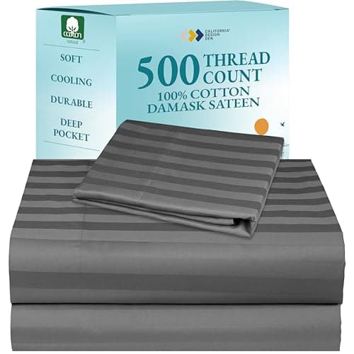 California Design Den 500-Thread-Count Twin Size Sheet Set - 100% Cotton Sateen Weave, 3 Piece Grey Bed Set, Dobby Damask Stripe Comfortable Bed Sheets, Deep Pocket Fits Mattress 15 Inches