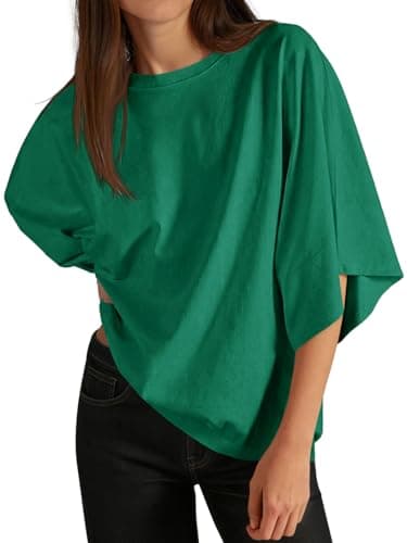 Cicy Bell Womens Oversized Half Sleeve T-Shirts Summer Casual Crew Neck Tshirt Loose Fit Side Slit Tee Tops Deep Green