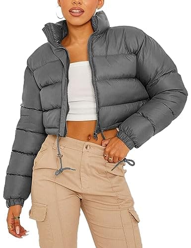 PEHMEA Women Cropped Puffer Jacket Winter Zip Up Short Padded Down Coat(Grey-S)