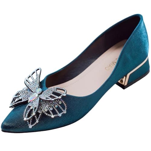 Women's Pumps, Ladies Pointed Toe Bow Rhinestone Satin Low Chunky Block High Heeled Prom Dress Shoes Green Size - 6