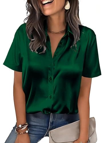 Mawor Satin Button Down Shirts for Women Silk Short Sleeve Blouses Summer Dress Shirt Business Casual Tops Work Up Outfits Dark Green XXXL