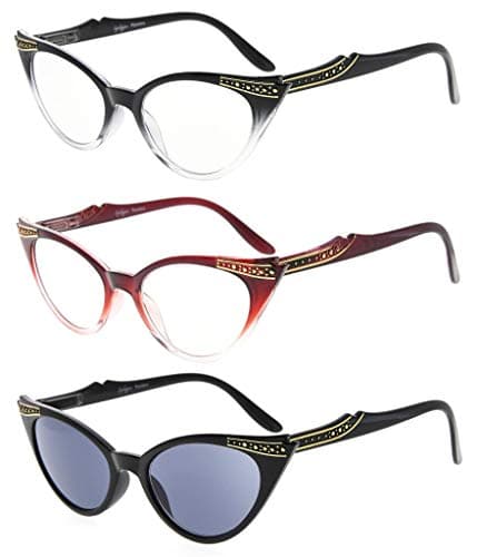 Eyekepper Womens 3 Pairs Reading Glasses Ladies' Vintage Cat Eye Readers, Include Sunshine Readers (Black Transparent/Red Transparent/Grey Lens)