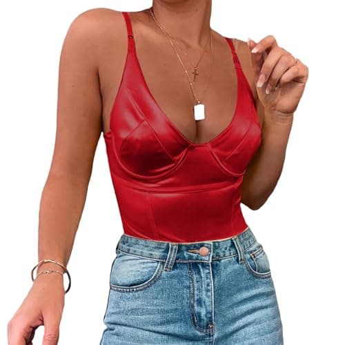 Velius Women's Sexy Deep V Neck Shiny Thong Bodysuit Tank Tops with Underwire (Red,Medium)