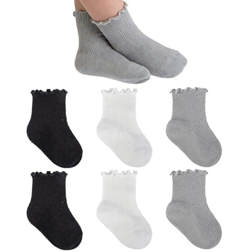 MKYSZLT 6 Pairs Baby Infant Toddler Girls Ruffle Socks Cute Soft Cotton School Uniform Frilly Dress Crew Socks Little Kids (US, Age, 6 Months, 12 Months, White,black,grey)