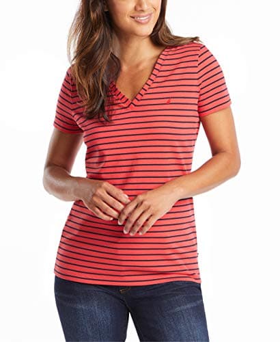 Nautica Women's Easy Comfort V-Neck Striped Supersoft Stretch Cotton T-Shirt Shirt, Rose Coral, X-Large