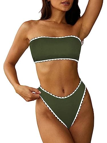 ZAFUL Women Strapless Wave Bandeau Bikini 2 Piece Swimwear Cheeky Solid Lace up Bathing Suits(4-Green-Teeth,L)