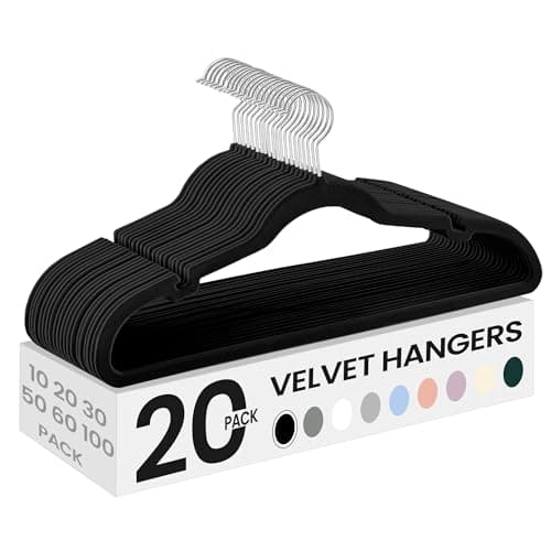 SONGMICS Velvet Hangers 20 Pack, Non-Slip Clothes Hangers with Shoulder Notches, Pants Bar, 360° Swivel Hook, Space-Saving, for Closet, Ink Black UCRF029B02