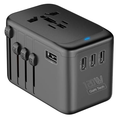 JMFONE Universal Travel Adapter GaN 120W, International Power Adapter with 4 USB-C & 1 USB-A & 2500W AC Outlet, Travel Charger for Europe UK US AU 200+ Countries, Fast Charging Laptops Tablets Phones