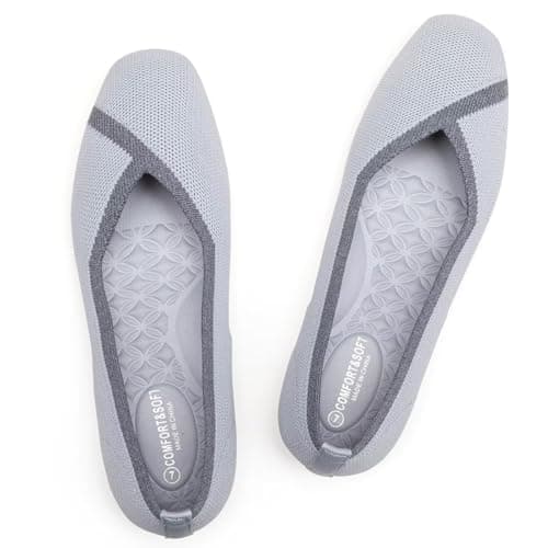 Frank Mully Womens Square Toe Flat Shoes Comfortable Knitted Flats Work Flats for Woman Grey