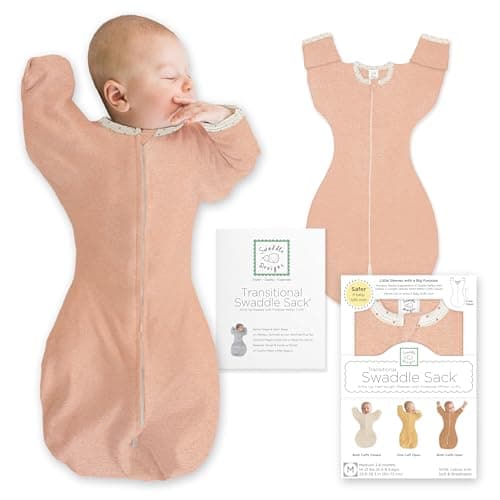 SwaddleDesigns Transitional Swaddle Sack, Arms Up Half-Length Sleeves & Mitten Cuffs, Swaddle for Newborn Transition to Baby Sleep Sack Wearable Blanket, 3-6 month, 14-21 lb, Heathered Peach Blush