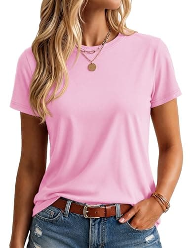 YUCOLEN Women's Cotton Tshirts Crew Neck Short Sleeve Shirts for Woman Basic Soild Color Summer Trendy Tees Pink 2XL