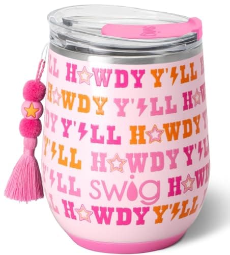 Swig Life 12oz Wine Tumbler with Lid, Stainless Steel, Dishwasher Safe, Portable, Triple Insulated Wine Tumbler (Howdy Yall)