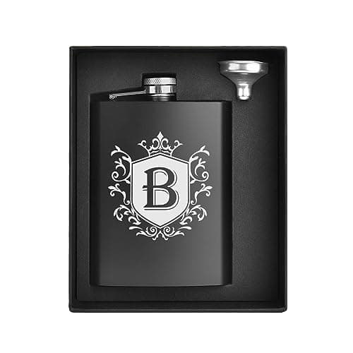 Ugiftcorner Hip Flask for Men Engraved Drinking Whiskey Flasks for Liquor 8 OZ Stainless Steel Black Initial Personalized Monogrammed Gifts for Men Groomsmen Christmas Birthday Gifts for Dad Letter B