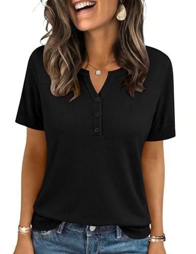 LOMON Women's Summer Short Sleeve Sweater 2026 V Neck Henley Pullovers Tops Teacher Outfits for Women 2026(Black,M)
