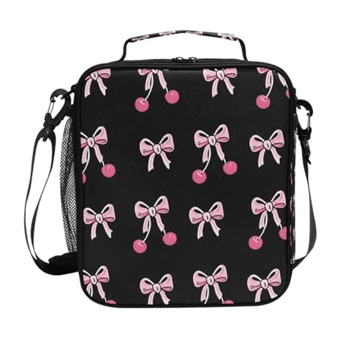 ALAZA Black Pink Bow Cherry Lunch Box Insulated Lunch Bag Kids Cooler Tote Bag Freezable Shoulder Strap Lunchbox for Girls School Picnic