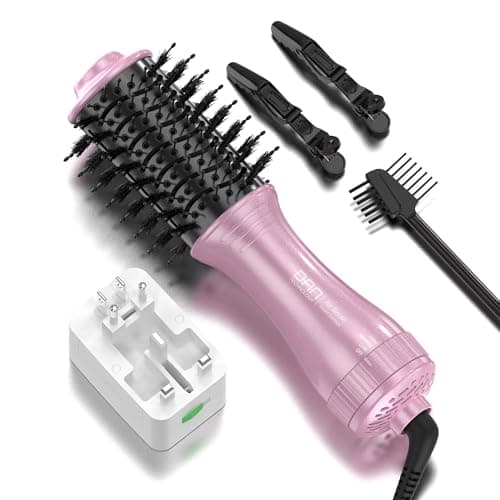 DAN Travel Hair Dryer Brush,Dual Voltage Hair Dryer Brush,Mini Blow Dryer Brush for Home and International Travel, (100V-240V) Auto Dual Voltage&Multi-Function Plug Adapter