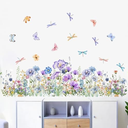 Pomodee Watercolor Wildflower Dragonfly Wall Decals Peel Stick Room Decor