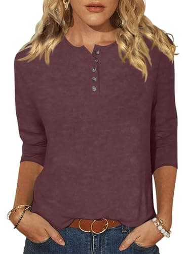 EADINVE Womens Crew Neck 3/4 Sleeve Tops Basic Button T-Shirts Solid Loose Cute Tunic Tee Blouses Fit Pullover Wine Small