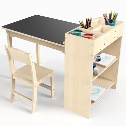 doowroodni Kids Art Table and Chair Set, Sturdy Beech Wood Study Desk for Children’s Drawing, Learning & Play - Multi-Functional Activity Table for Home,Toddler Desk with Storage and 1 Chair