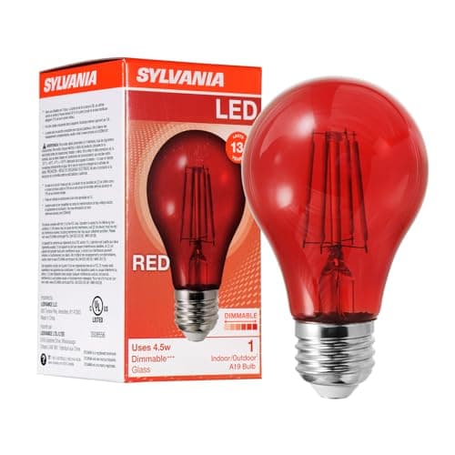 LEDVANCE Sylvania LED Red Glass Filament A19 Light Bulb, Dimmable, Efficient 4.5W, E26 Medium Base - 1 Pack (70300)