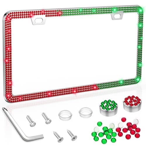 SHARE&CARE Bling License Plate Frame, Crystal License Plate Cover, Car License Plate Holder with Rhinestone Screw Set, Women Gift for Mom, Wife, Her - 1 Pack (Green+Red)
