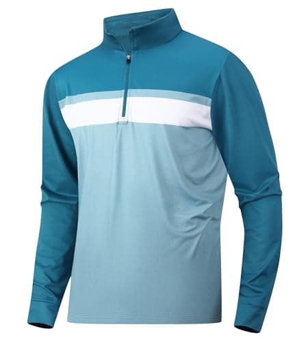 Mens Long Sleeve Color Block Stand Collar Zipper Golf Polo,Teal,XL