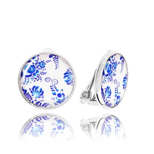 Comfortable Round Clip on Earrings for Women (19 - White Blue Silver Art)