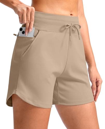 G Gradual Women's 5" Athletic Running Shorts with Zip Pockets Stretchy Quick Dry High Waisted for Workout Gym Hiking (Khaki, XL)