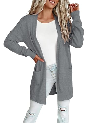 Dark Grey Women Cardigan Lightweight Long Sleeve Shrug with Pockets Loose Fit Top