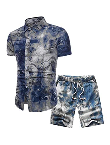 PASOK Men's Floral 2 Piece Tracksuit Casual Button Down Short Sleeve Hawaiian Shirt and Shorts Suit TZ04 L