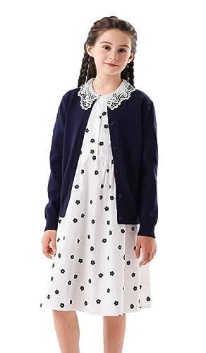 SMILING PINKER Girls Cardigan Sweater School Uniforms Button Long Sleeve Knit Tops(Navy Blue Button,7-8Years)