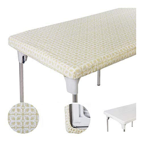 TopTableCloth Table Cover Yellow Gold Patterned Elastic Vinyl Christmas Tablecloth rectangular for folding table 6 ft 30 x 72 inch Waterproof Fitted Table Cloths Rectangle Camping Picnic Party Outdoor