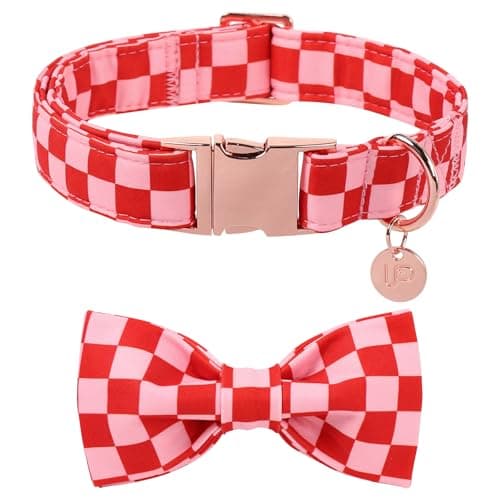 UP URARA PUP Red and Pink Plaid Dog Collarwith Bow Tie– Adjustable Red & Pink Checkered Dog Collar for Small Medium Large Dogs, Soft Xmas Plaid Puppy Collars with Quick Release Buckle L