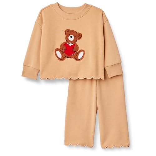 Amazon Essentials Baby Girls' French Terry Sweatshirt Pant and Top Set, Light Camel Big Bear Heart, 18 Months