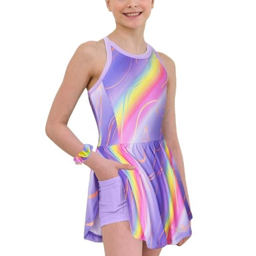 MODAFANS Girls Tennis Golf Dress Sleeveless Athletic Pleated Outfits Sets Built in Shorts with Pockets Purple Rainbow,10-11Years