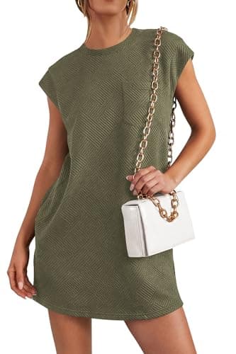 PRETTYGARDEN Women's Summer Short T Shirt Dress Cap Sleeve Crew Neck Casual Loose Basic Mini Dresses (Army Green,Medium)