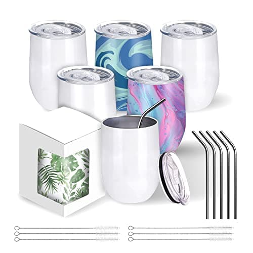 BetterSub12 oz Sublimation Wine Tumblers, Double Wall Insulated Stainless Steel Sublimation Cups with Lid, Metal Straw, Brush, Individually Display Box, White (6 Packs White)