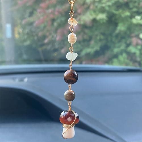 Mushroom Car Accessories for Women Cute Mushroom Hanging Ornament Boho Rear View Mirror Accessories Interior Car Decor Bag Charms Gifts for Women Girls (Brown)