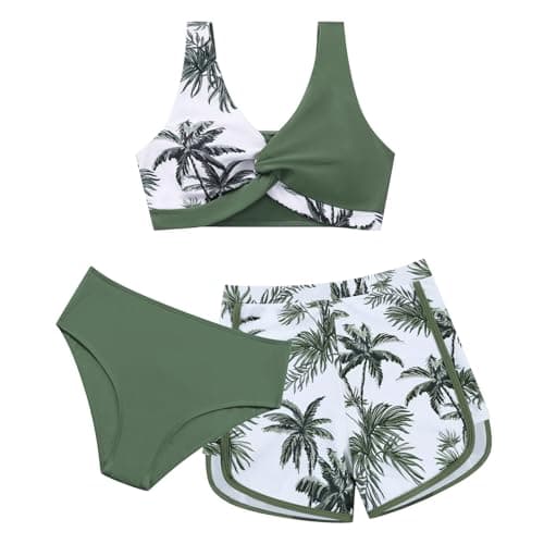 Weixinbuy Girl's 3 Piece Swimsuit Teen Swimwear Tropical Print Twist Cross Bikini Bathing Suit with Cover Up Shorts Size 9-10 Green