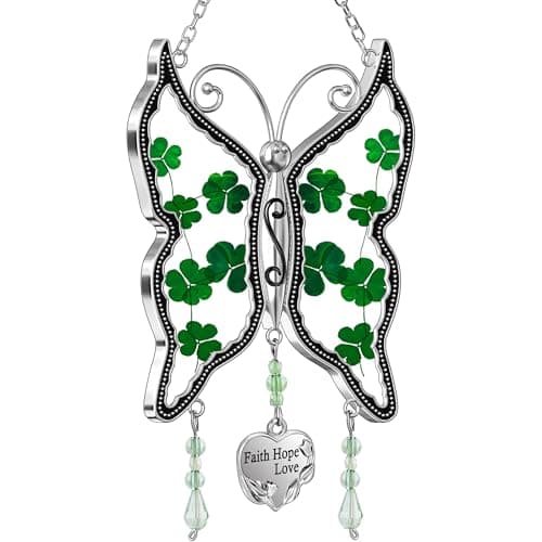 KY&BOSAM Irish Shamrock Butterfly Suncatcher Faith Hope Love Stained Glass for Window Hanging Wind Chime Preserved Flower Wings with Metal Charm Gift for St Patrick's Mothers Day Birthday Christmas
