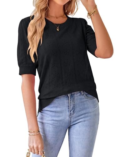 GRACE KARIN Women's Puff Short Sleeve Crew Neck Knit Tops Dark Black S