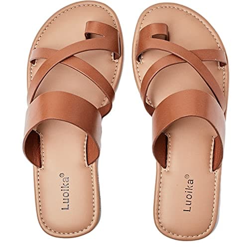 Luoika Women's Wide Width Toe Ring Flat Slides SandalsBrown,705,11.5XW
